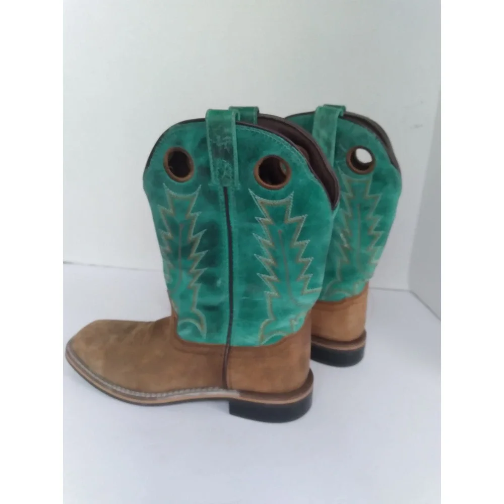 Cowboy Western Boots Square Toe Turquoise Brown‎ Leather Work Boots